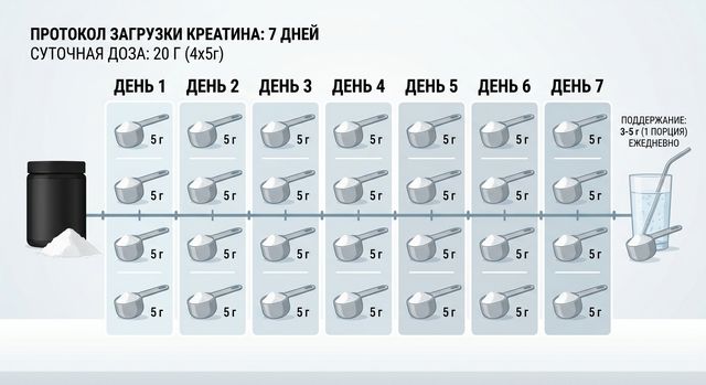 Схема загрузочной фазы креатина по дням с делением суточной дозы на четыре приема | SportMenu.com.ua