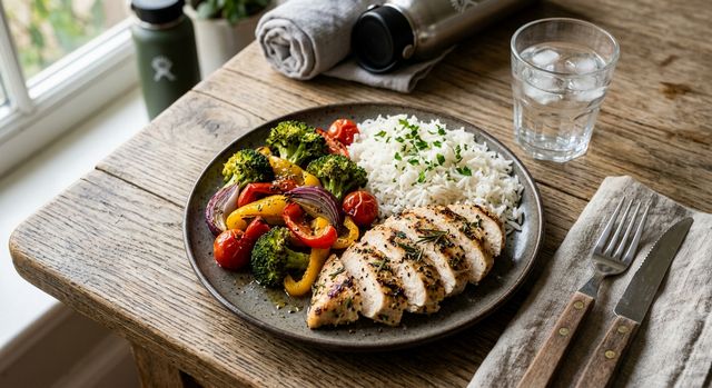 Тарілка з куркою, рисом та овочами - приклад прийому їжі після тренування | SportMenu